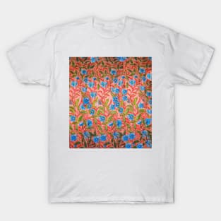 Small blue flowers with a carmine background. T-Shirt